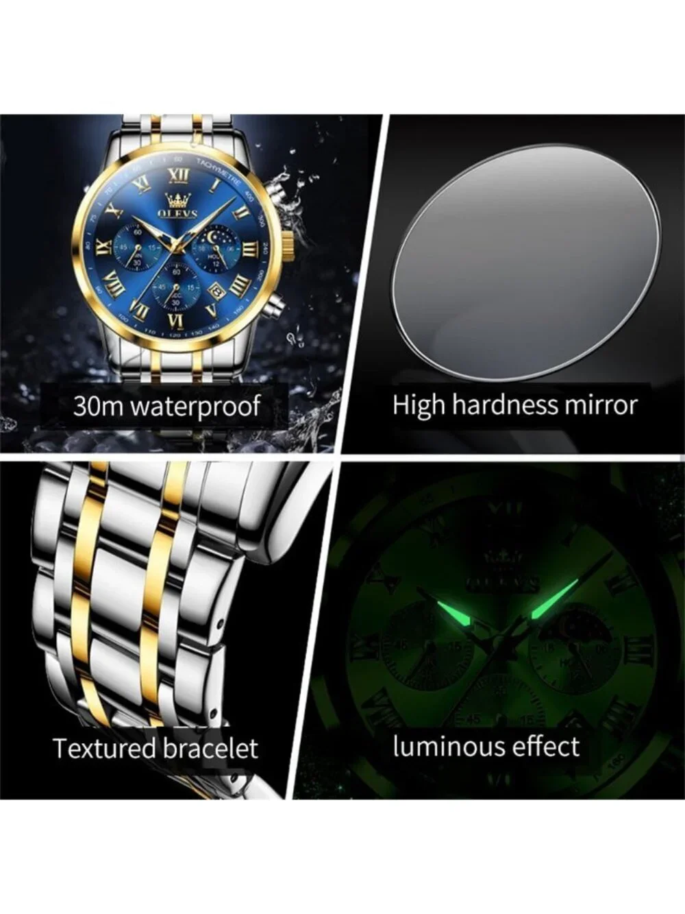 Olevs Men's Silver Multifunction Blue Face Waterproof Luminous Chronograph Watch